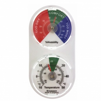 Twin dial hygrometer & thermometer with coloured zones - Brannan
