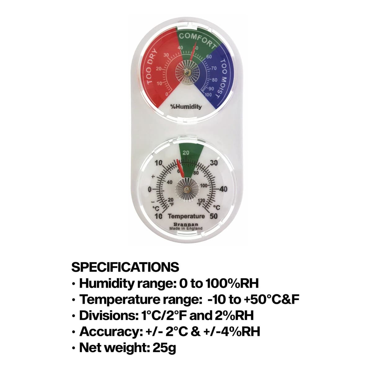 Twin dial hygrometer & thermometer coloured zones Brannan